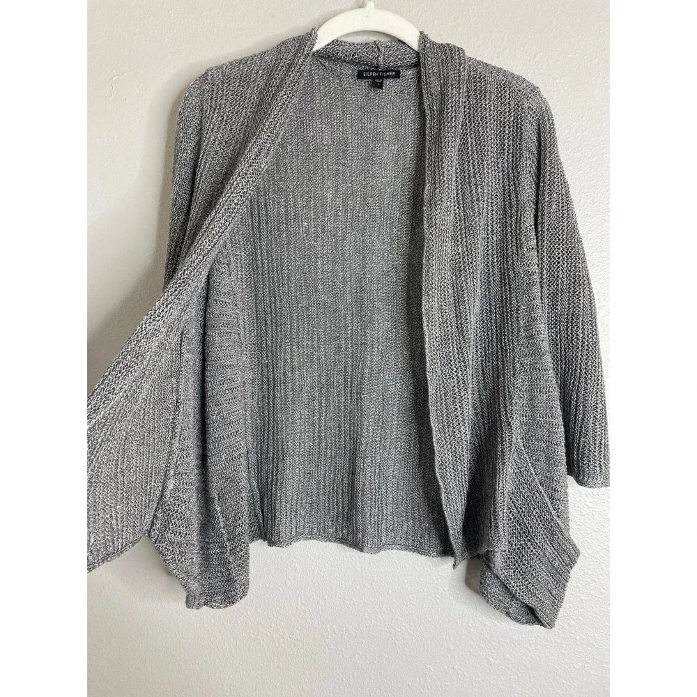 Eileen Fisher Linen Silk Open Knit Cardigan S – Gray Lightweight Drape Sweater